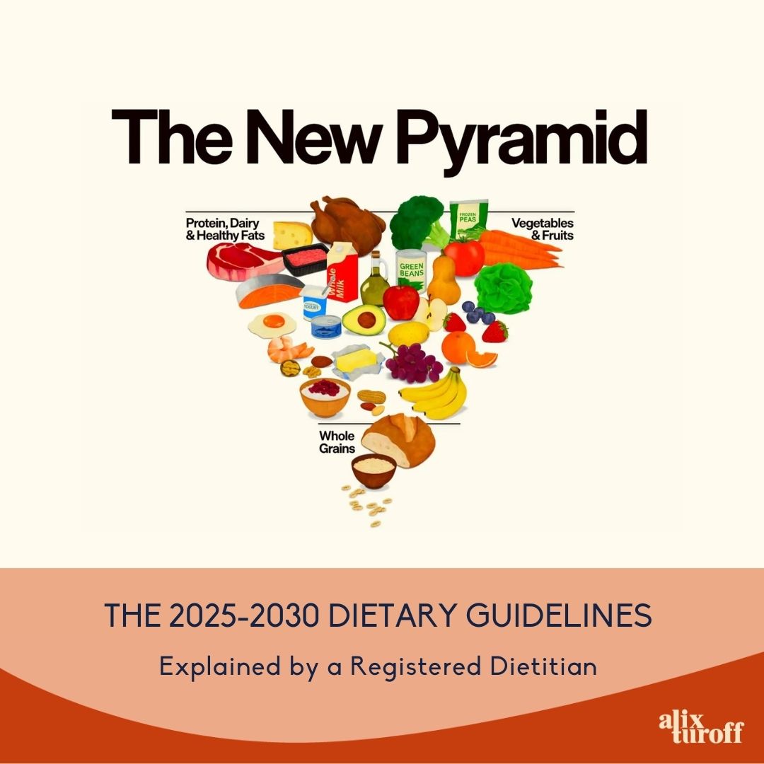 Featured image showing the new food pyramid from the 2025–2030 Dietary Guidelines with the title “The 2025–2030 Dietary Guidelines Explained by a Registered Dietitian.”
